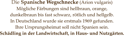Die Spanische Wegschnecke (Arion vulgaris) Mögliche Färbungen sind hellbraun, orange,  dunkelbraun bis fast schwarz, rötlich und hellgelb.  In Deutschland wurde sie erstmals 1969 gefunden.  Ihre Ursprungsheimat soll nicht Spanien sein. Schädling in der Landwirtschaft, in Haus- und Nutzgärten.