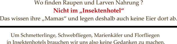 Wo finden Raupen und Larven Nahrung ? Nicht im „Insektenhotel“  Das wissen ihre „Mamas“ und legen deshalb auch keine Eier dort ab.  Um Schmetterlinge, Schwebfliegen, Marienkäfer und Florfliegen  in Insektenhotels brauchen wir uns also keine Gedanken zu machen.